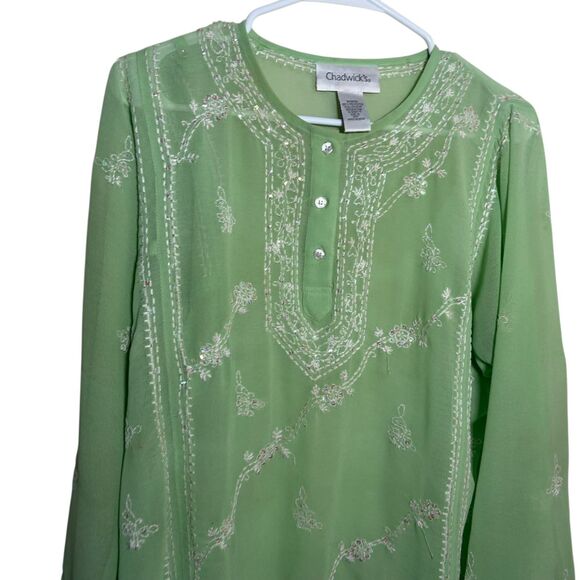 Chadwick's Blouse Women's 12 Green Embroidered Popover Sheer Top Boho Sequin - Picture 2 of 11